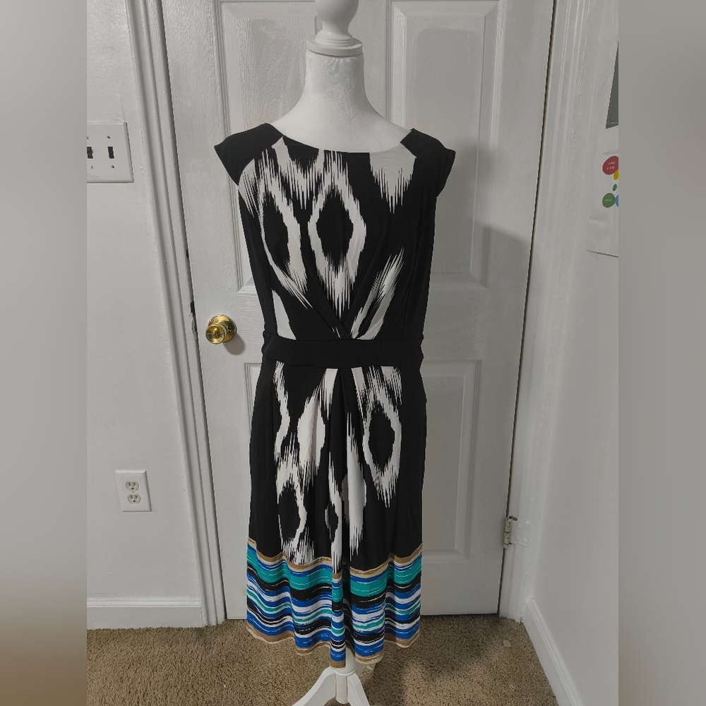 Max & Cleo Black and White Sleeveless Midi Dress with Blue and Tan Stripe Hem